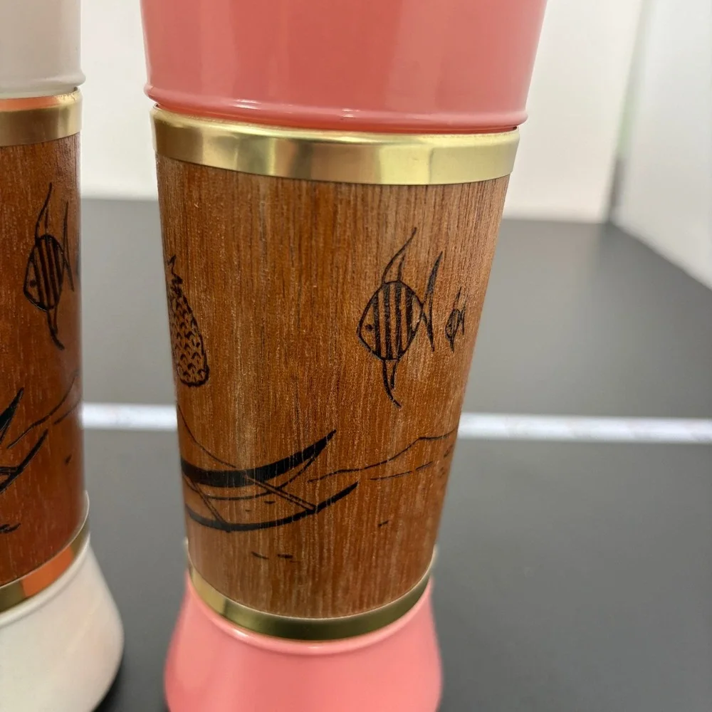 Vintage Siesta Ware Tiki Tumblers 6.5in Multi Color Genuine Mahogany Wood Set 4